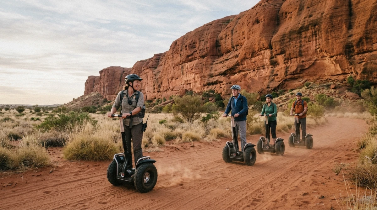 Riders in single file on Segways beside the red rock wall on an Uluru Segway tour at sunrise, Uluru-Kata Tjuta National Park