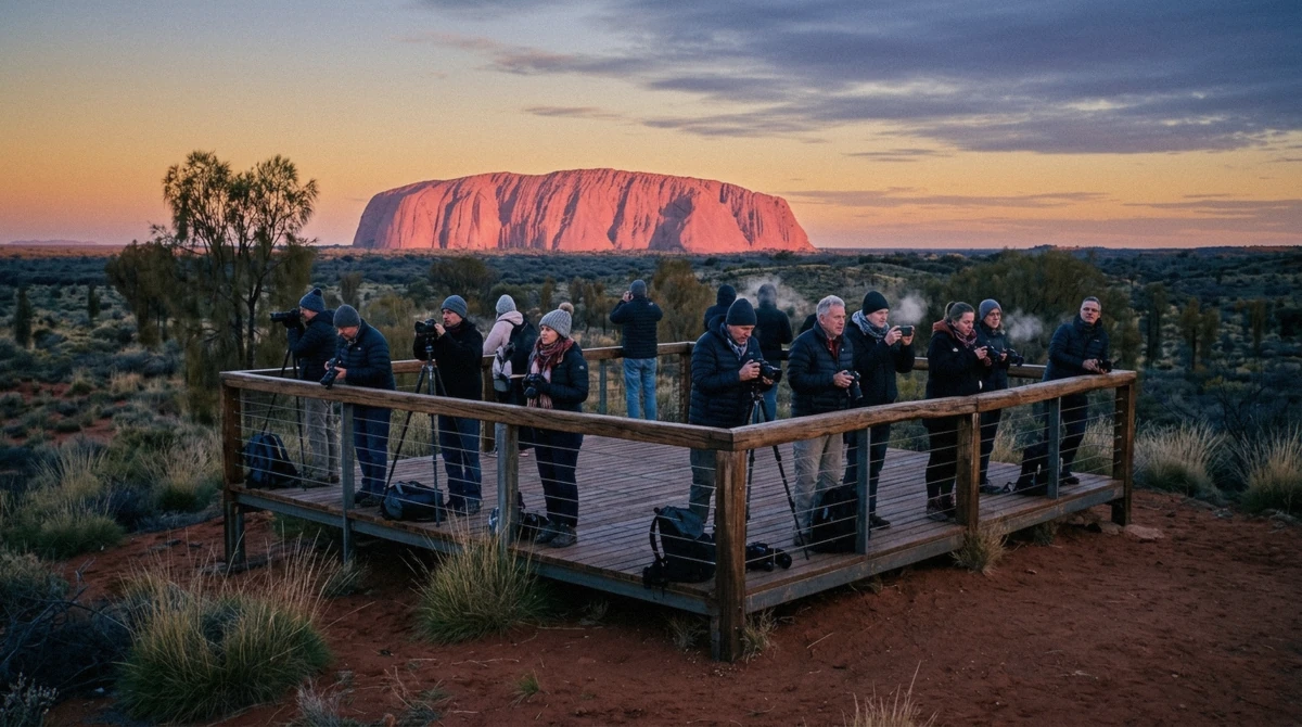 Visitors at the sunrise viewing platform watching first light on the rock before a Kata Tjuta tour, Uluru-Kata Tjuta National Park
